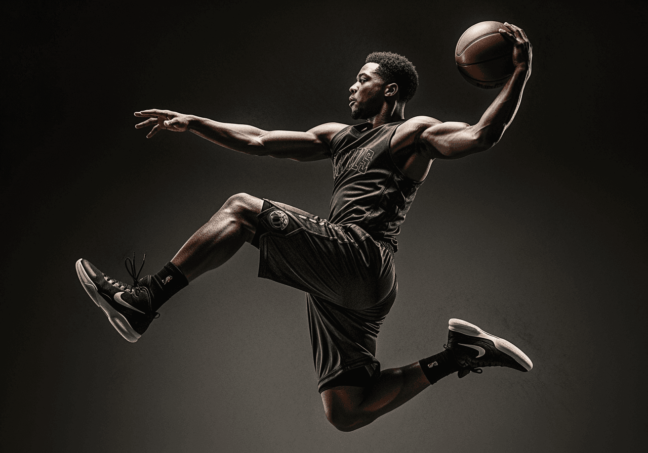 목탄 스케치 스타일로 표현된 역동적인 농구 선수의 덩크 슛 장면