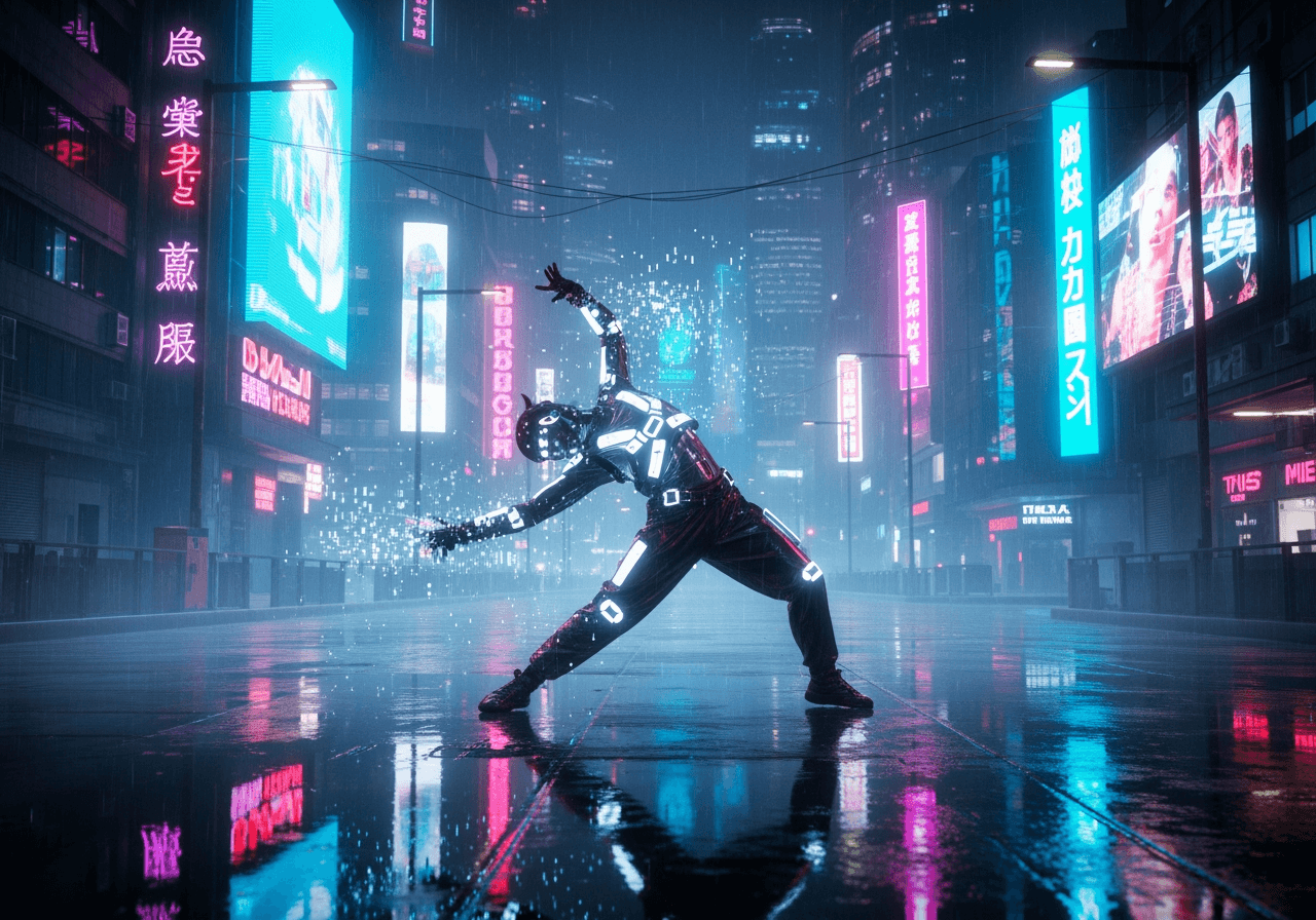 Futuristischer Tänzer vor einem neonbeleuchteten Cyberpunk-Stadthintergrund