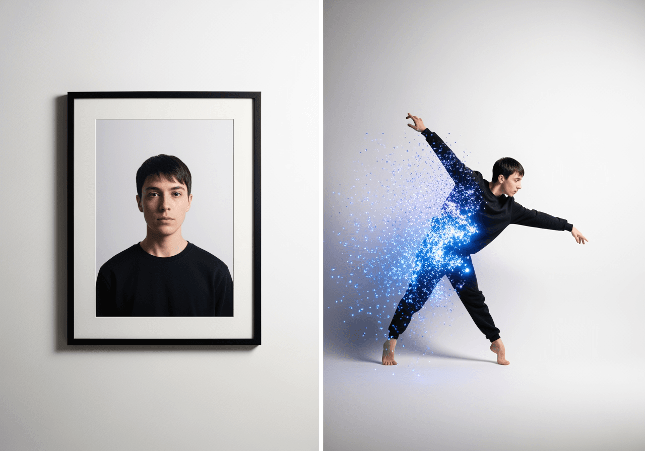 Visualisierung der KI-Technologie, die ein Foto in ein dynamisches Tanzvideo verwandelt