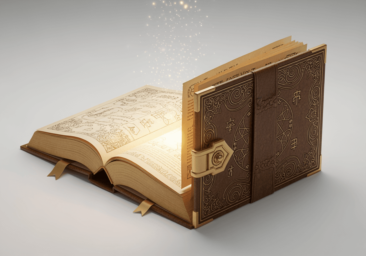 Libro magico aperto in stile 3D con effetti scintillanti su sfondo bianco