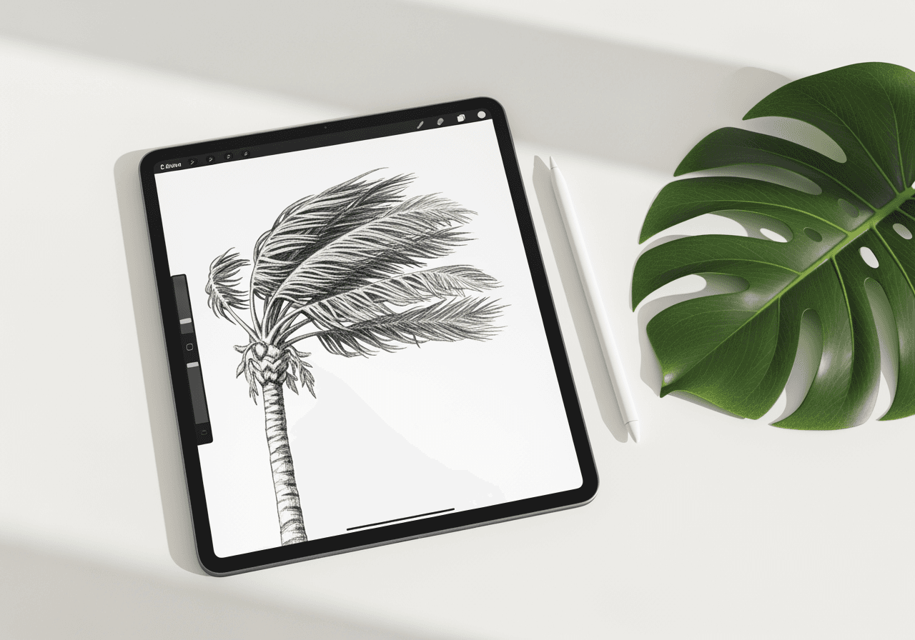 Digitales Tablet, das eine detaillierte Bleistiftskizze einer Palme zeigt, neben einem Eingabestift