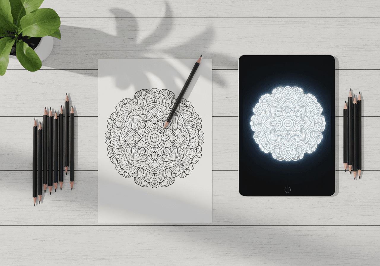 Monday Mandala Generator workspace with printed pattern, tablet, and colored pencils