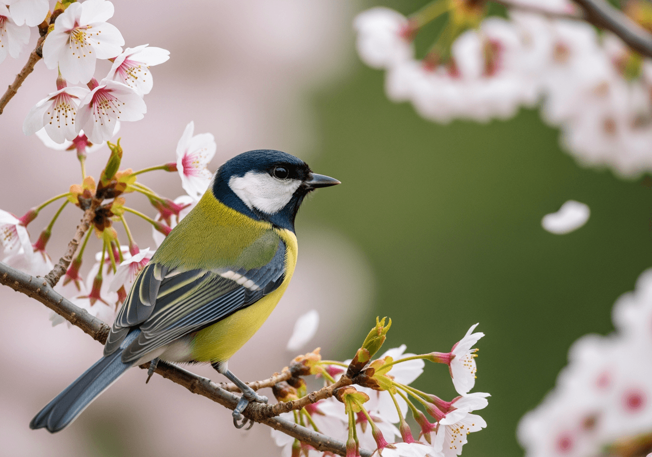 Hyperrealistisches Nahaufnahme-Foto einer Kohlmeise auf einem blühenden Kirschblütenzweig