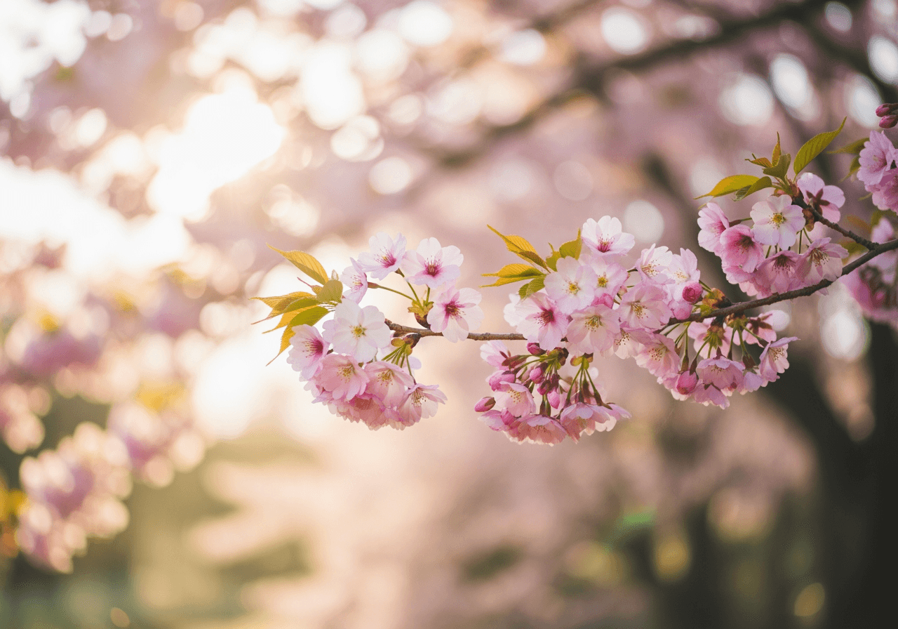 Papel de parede de primavera sonhador com pétalas de cerejeira balançando sob a luz quente do sol