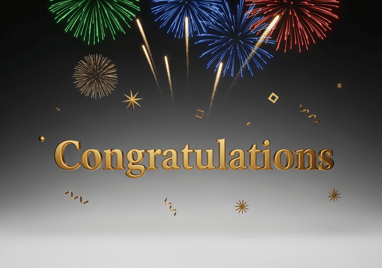 Luxuriöses 3D-gerendertes Glückwunschbild mit leuchtendem Feuerwerk und Goldfolie.