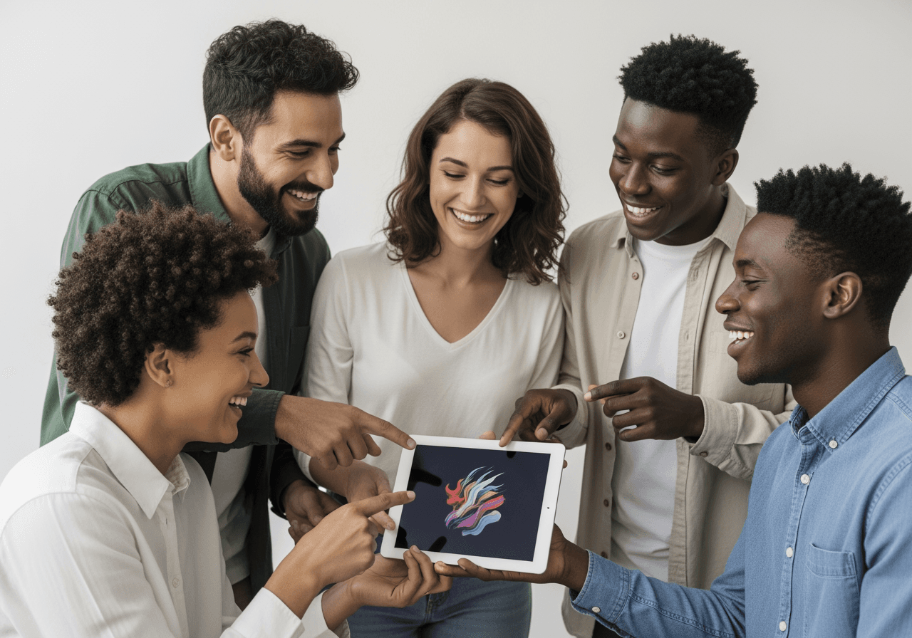 AI画像生成の容易さを象徴する、ポジティブに交流する多様な人々のモダンでミニマルな写真。