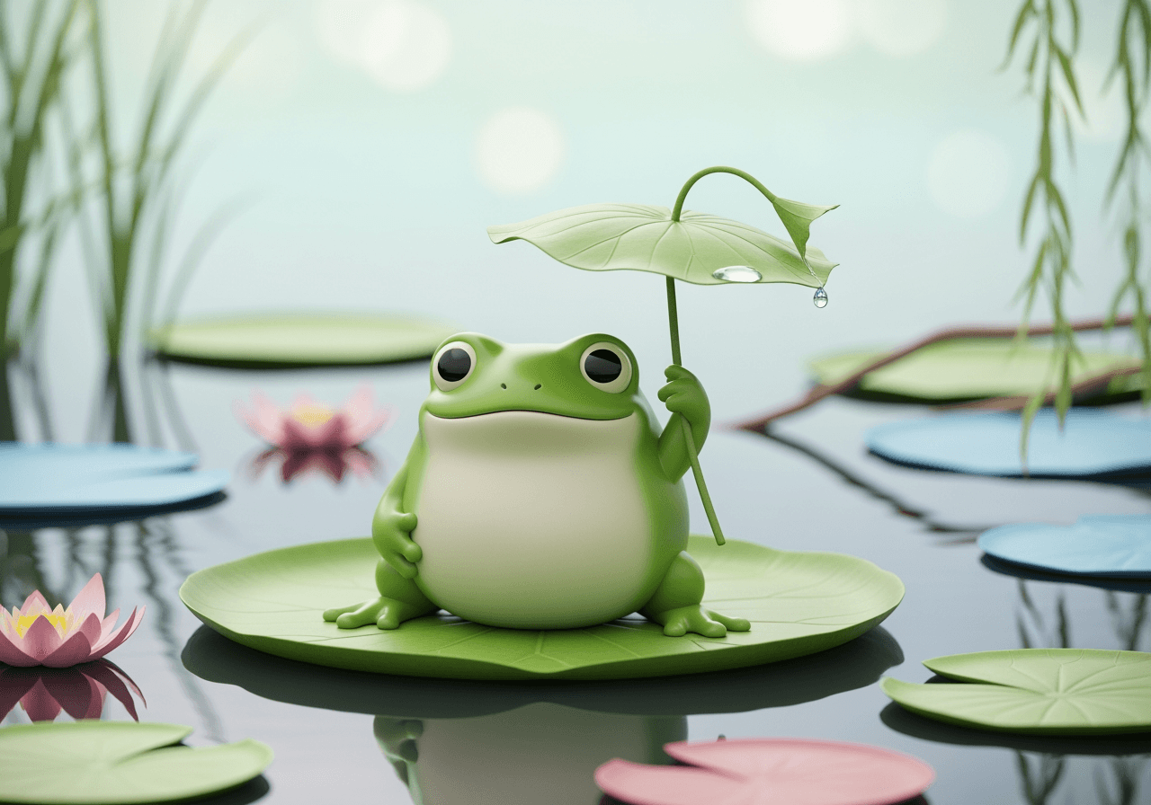 Niedlicher 3D-Froschcharakter mit einem Lotusblatt-Regenschirm in Pastelltönen, Teichhintergrund, hohe Qualität.