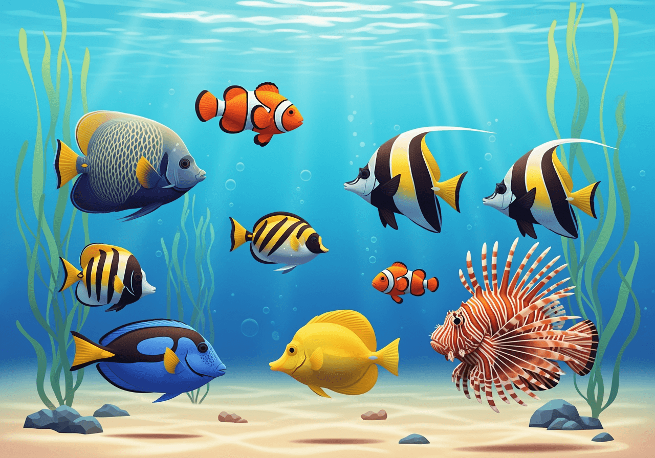 Ilustración estilizada de varios peces coloridos nadando