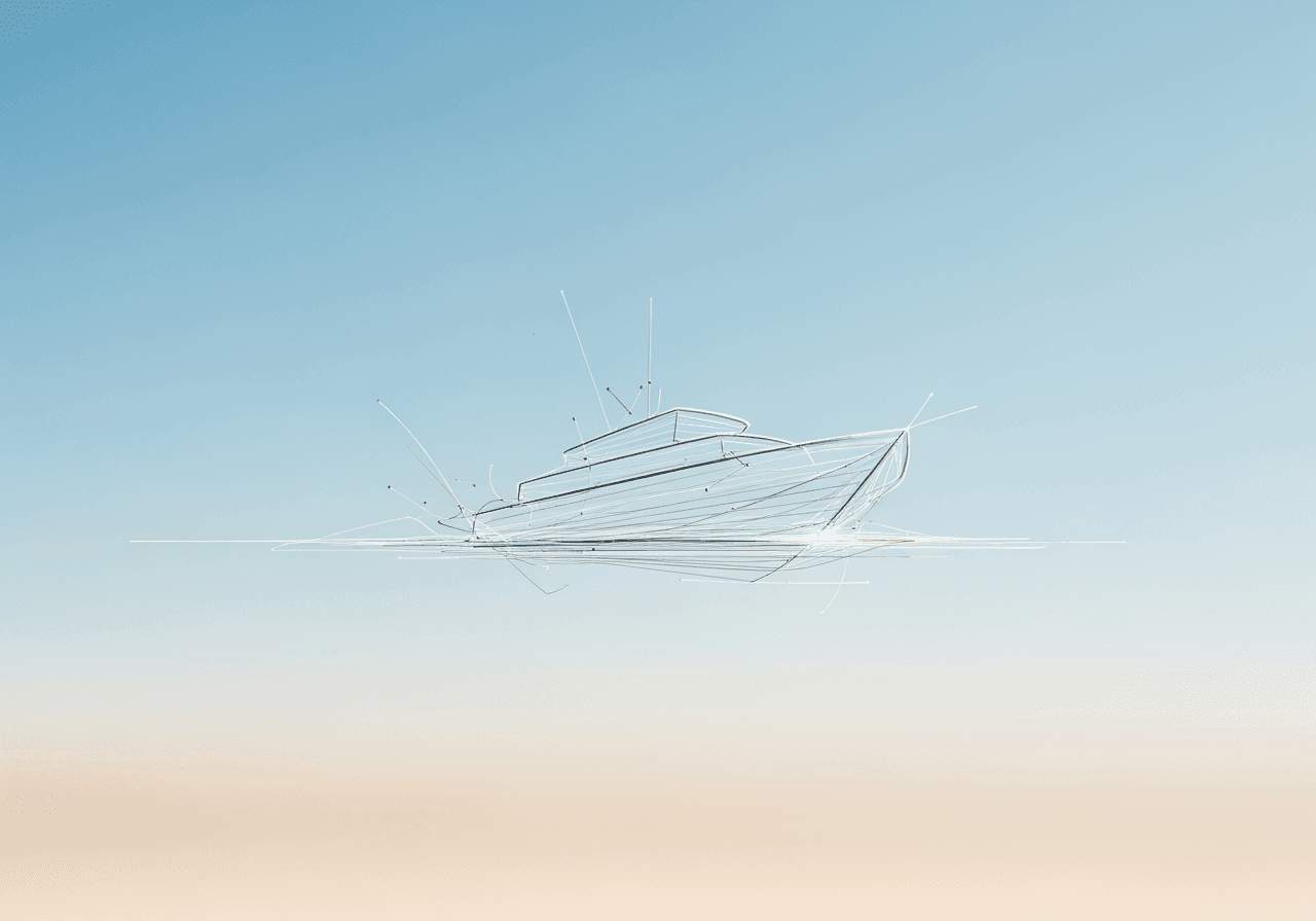 Imagen principal del Generador de Dibujos de Barcos con IA: Una forma abstracta de barco siendo dibujada por líneas de IA.