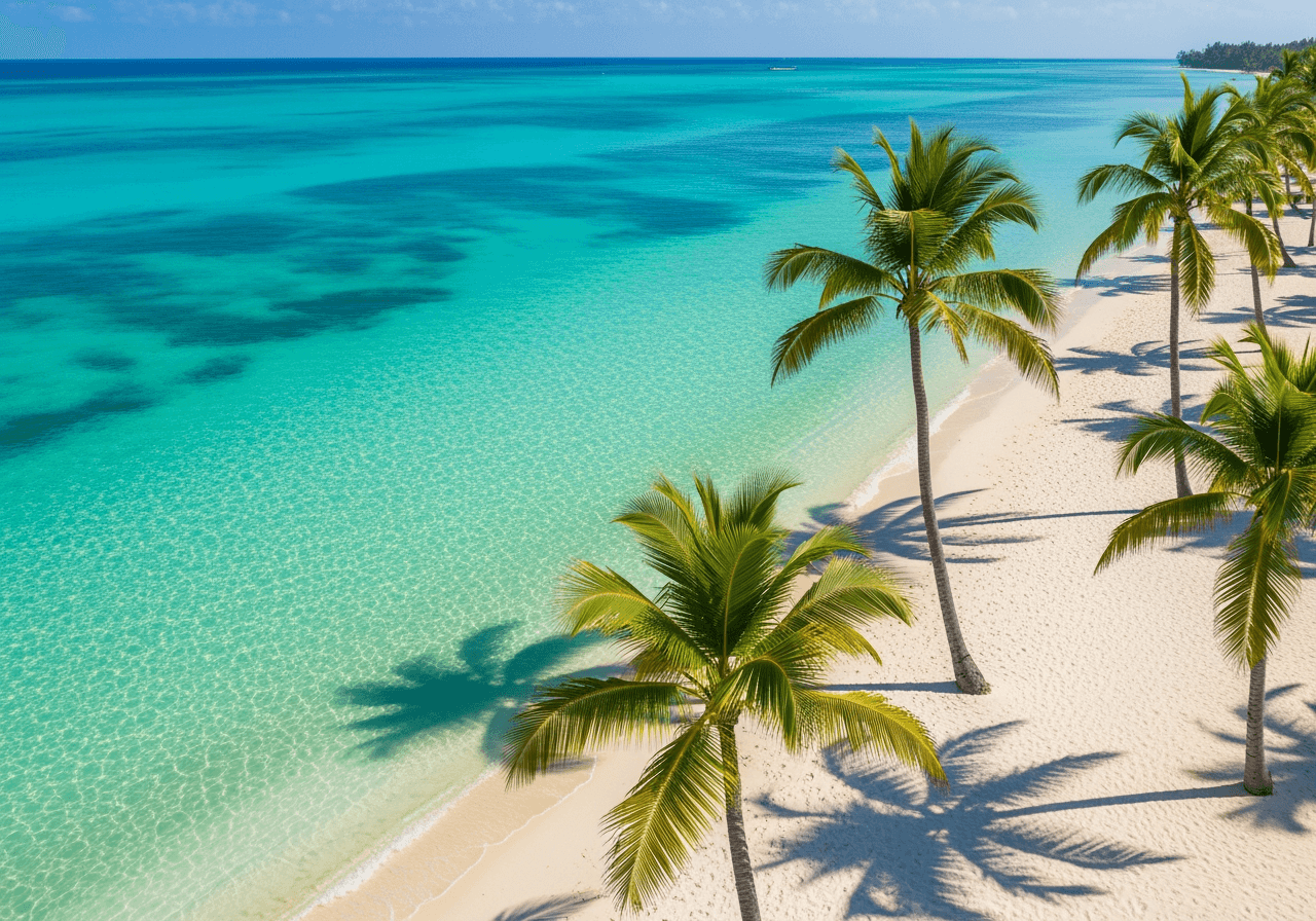 Uno sfondo 4K ad alta risoluzione di una serena spiaggia estiva con acque cristalline color smeraldo