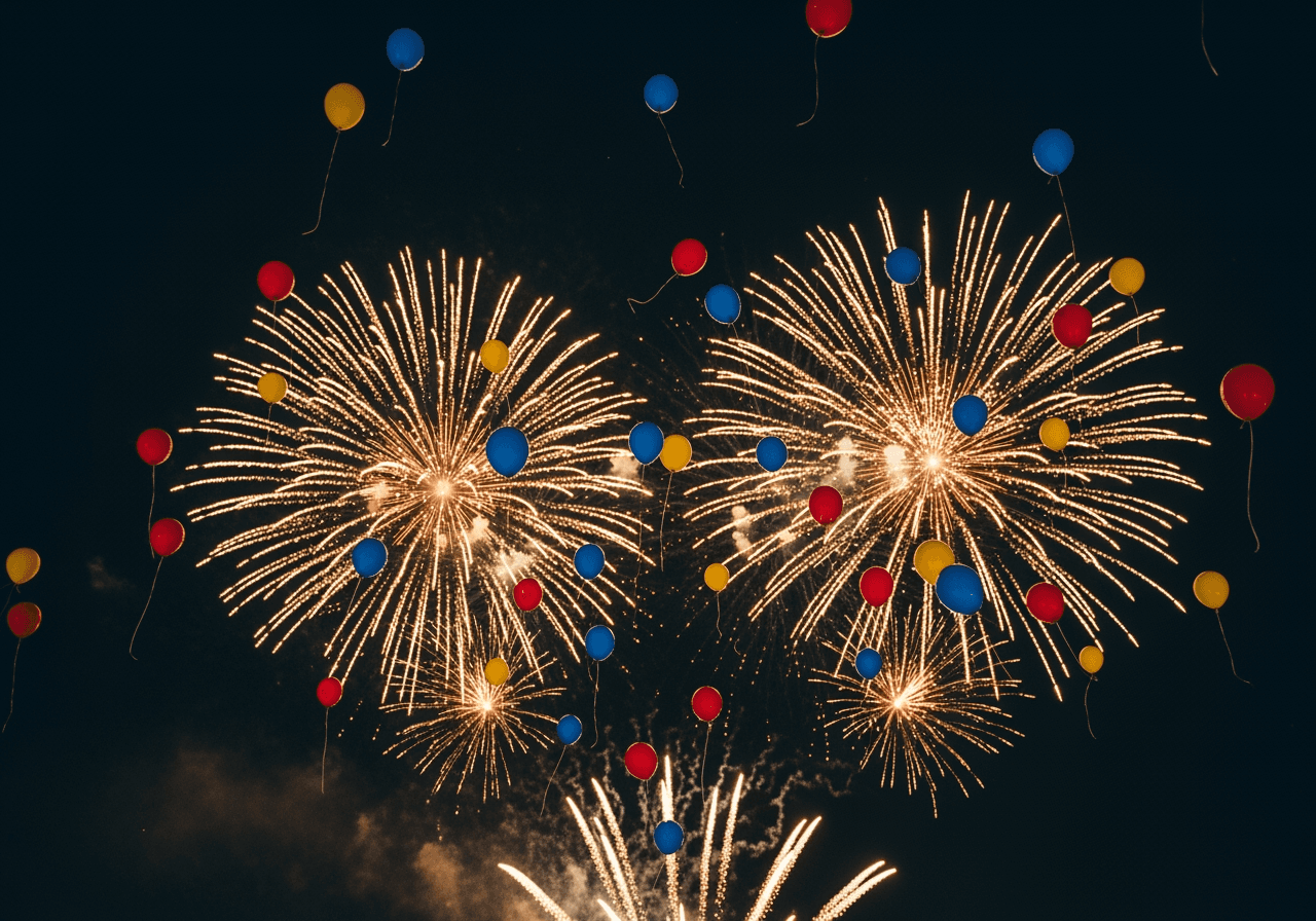 A celebratory party scene with glittering golden fireworks and colorful balloons