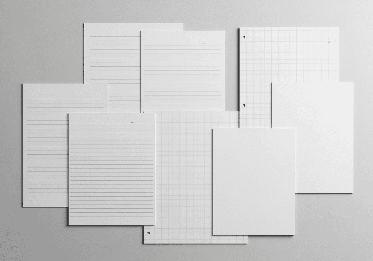 Miniaturansicht mit verschiedenen ordentlich angeordneten Notizbuchpapier-Stilen.