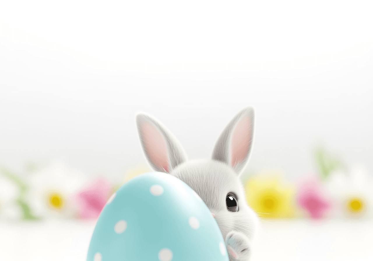 Papel de parede com tema de Páscoa com um coelhinho fofo e ovos pastel