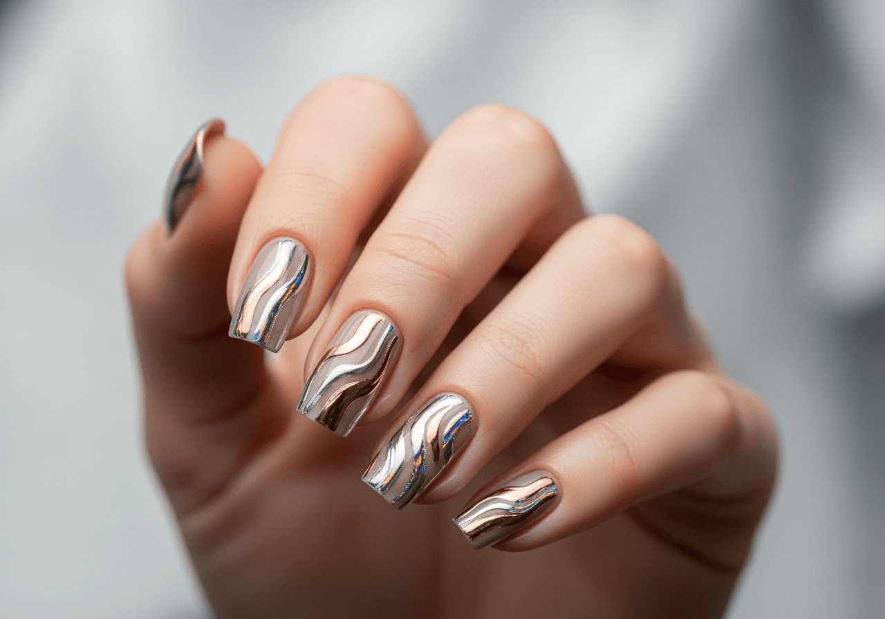 KI-generierte einzigartige Nagelkunst mit metallischen Mustern und holografischem Schimmer