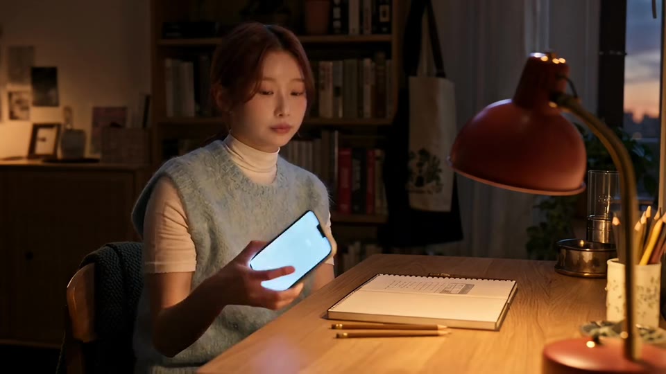 캐럿으로 만든 광고에서 인물이 휴대폰으로 조명을 켜는 장면