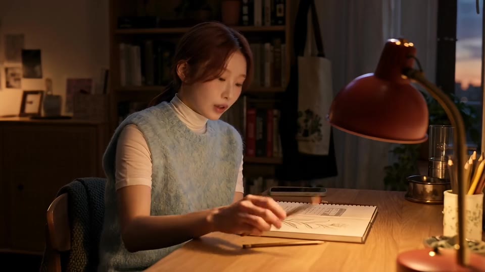 캐럿으로 만든 광고에서 인물이 조명 아래 노트에 그림을 그리는 장면