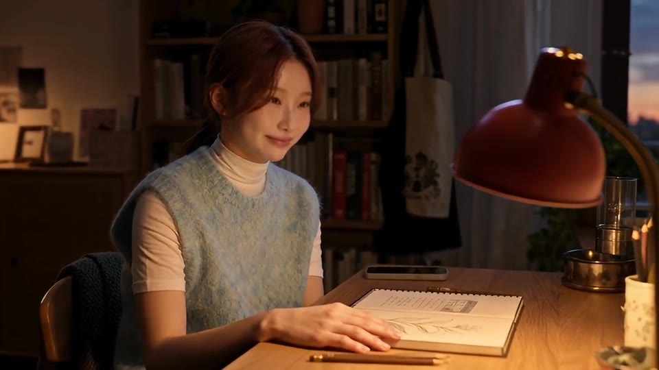 캐럿으로 만든 광고에서 인물이 조명 아래에서 웃는 장면