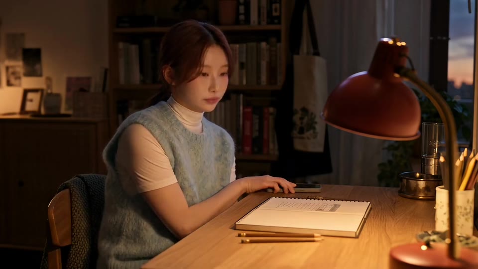 캐럿으로 만든 광고에서 인물이 조명 켜진 책상에 앉아 노트를 보는 장면