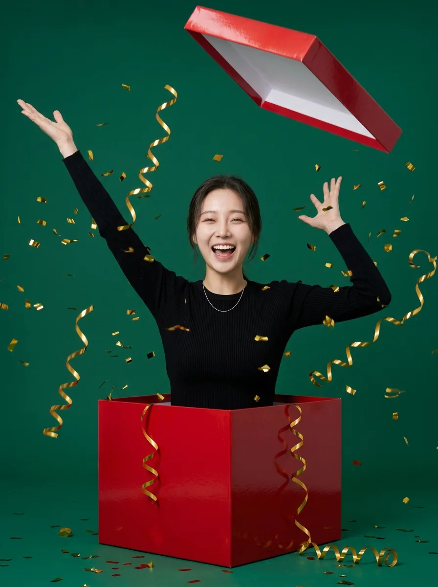 선물 상자에서 튀어나오는 장면으로 바꾼 AI 포토부스 결과물, 크리스마스 포토존 아이디어
