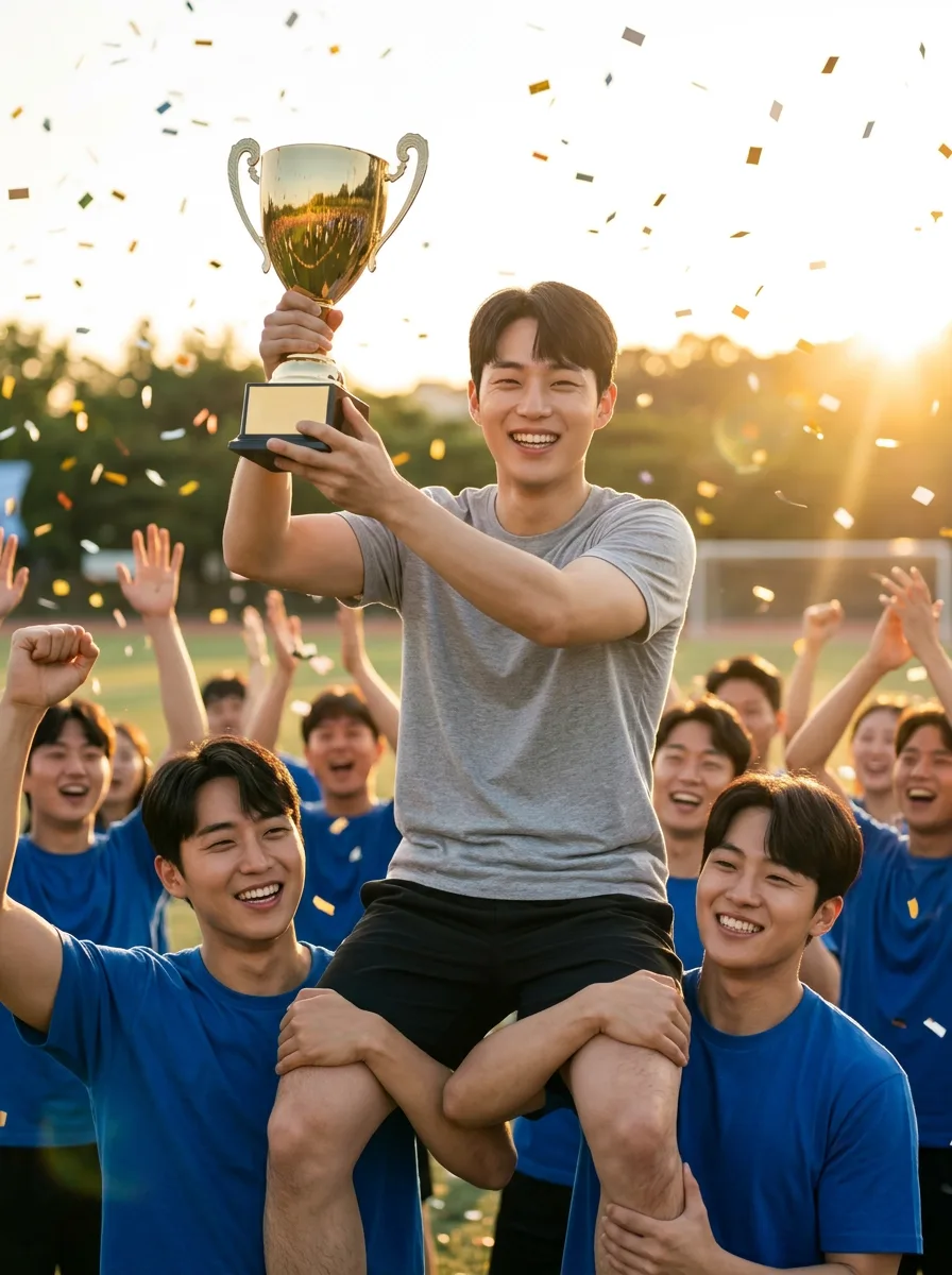 트로피를 든 참가자를 팀원들이 들어 올린 장면, 체육대회 포토존 필터 예시