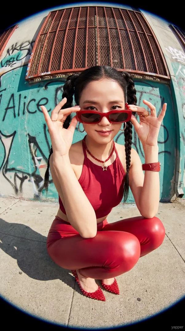 레드 스트리트웨어 화보 AI 필터 예시 — 캐럿 AI 포토부스