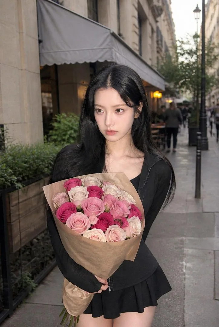 장미 꽃다발 거리 스냅 AI 필터 예시 — 캐럿 AI 포토부스