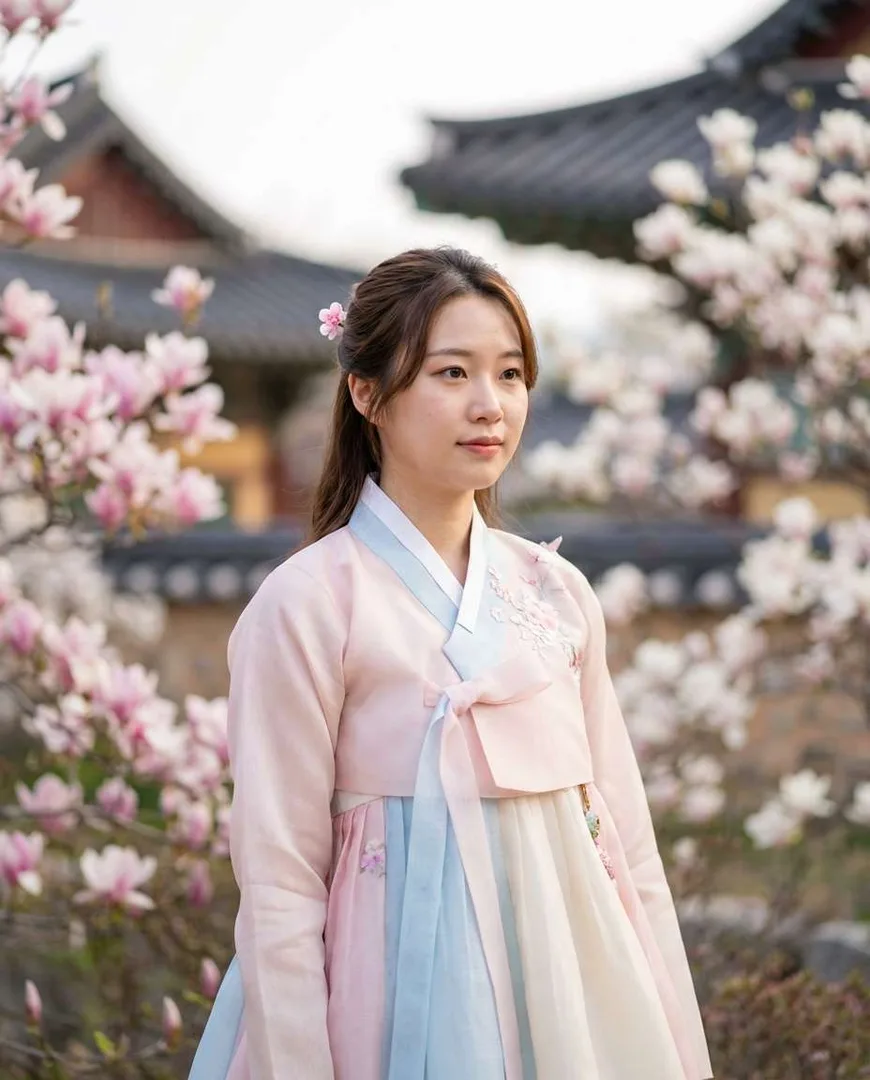 봄꽃 한복 화보 AI 필터 예시 — 캐럿 AI 포토부스