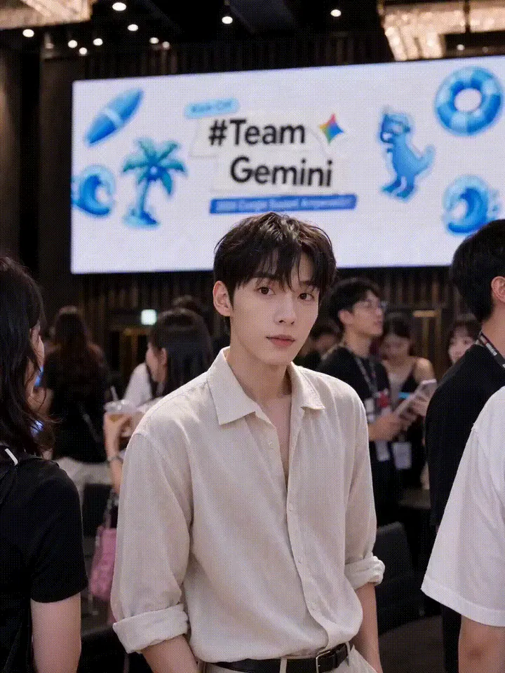 '앰배서더 발대식' 커스텀 필터 결과물 — #Team Gemini 키비주얼 백월을 배경으로 한 현장 프로필, 결과물이 영상으로 나오는 필터