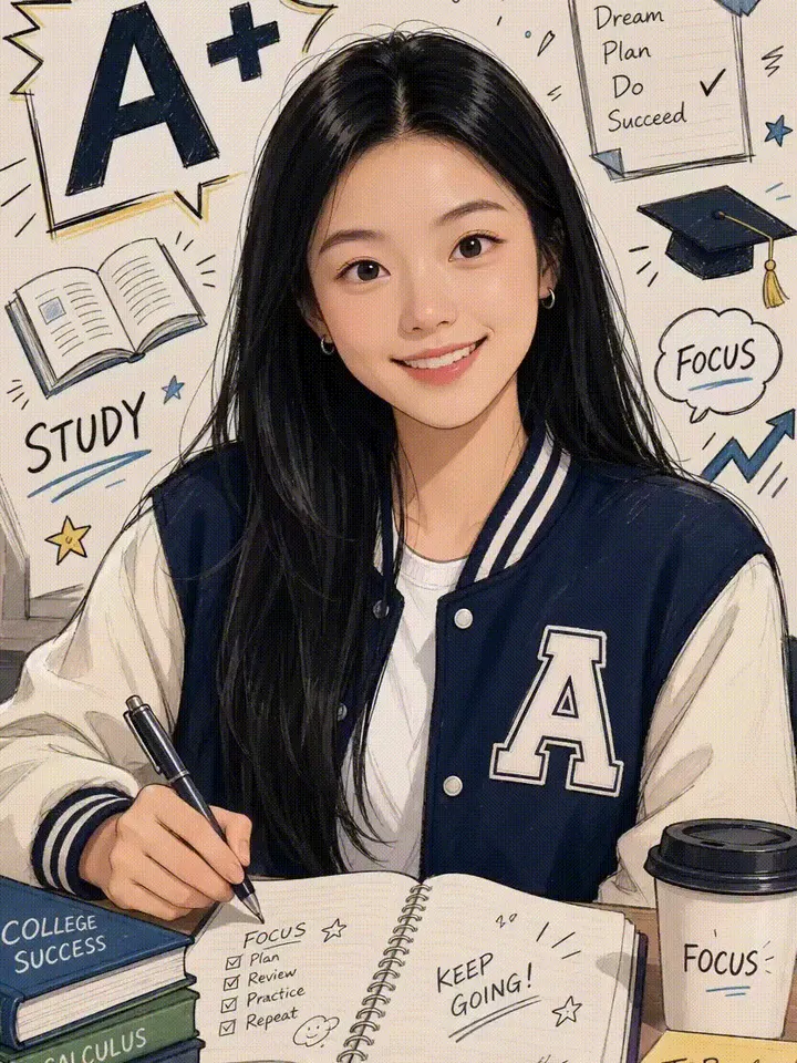 'A+ 다짐' 커스텀 필터 결과물 — 웹툰 표지풍 에디토리얼 일러스트로 변환한 학업 다짐 컷, 결과물이 영상으로 나오는 필터