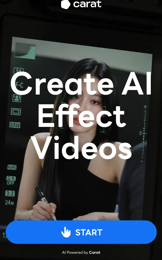 'Create AI Effect Videos' 문구가 뜬 캐럿 AI 포토부스 키오스크 시작 화면