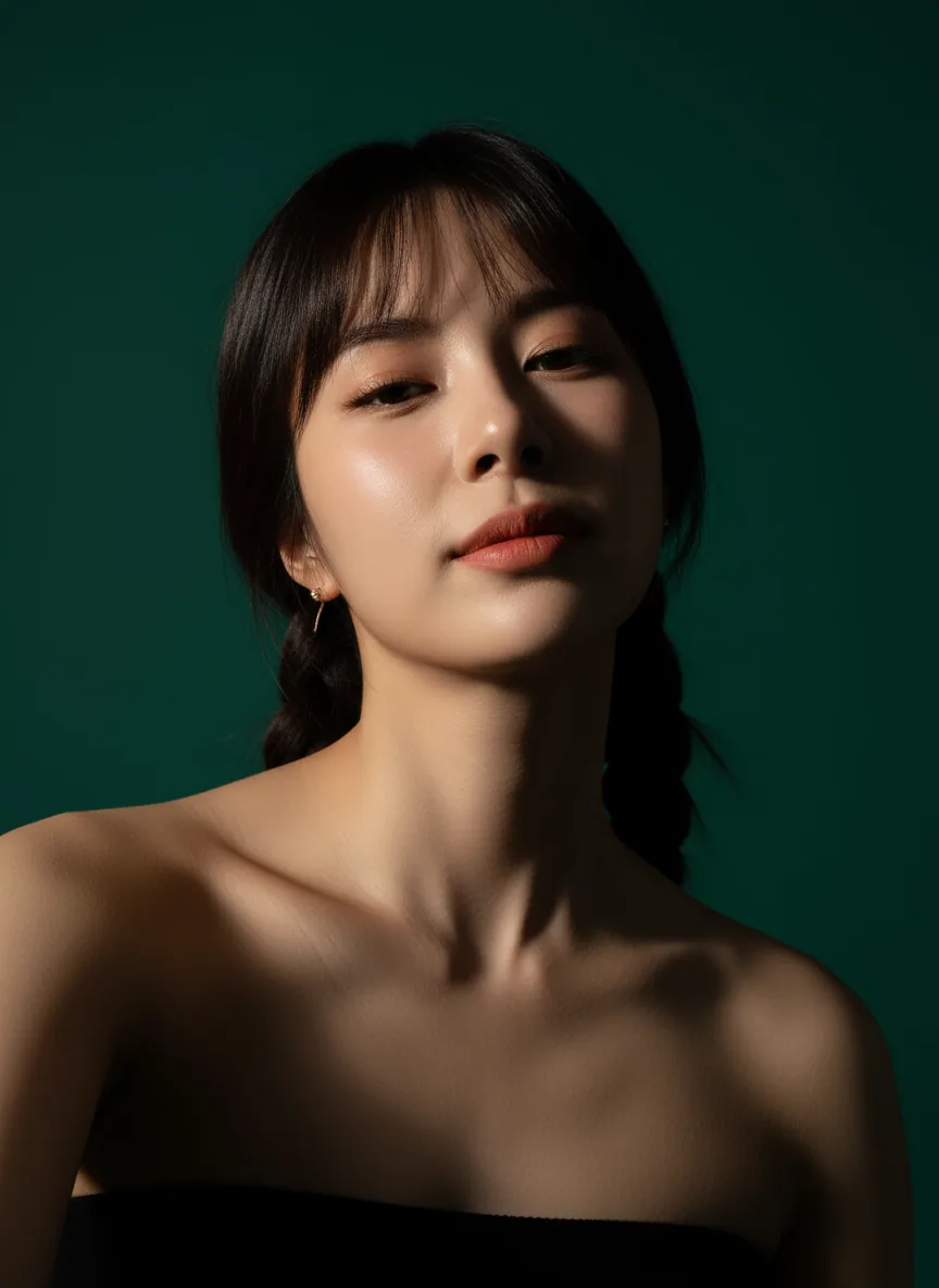 짙은 녹색 배경의 스튜디오 인물 사진 필터 예시